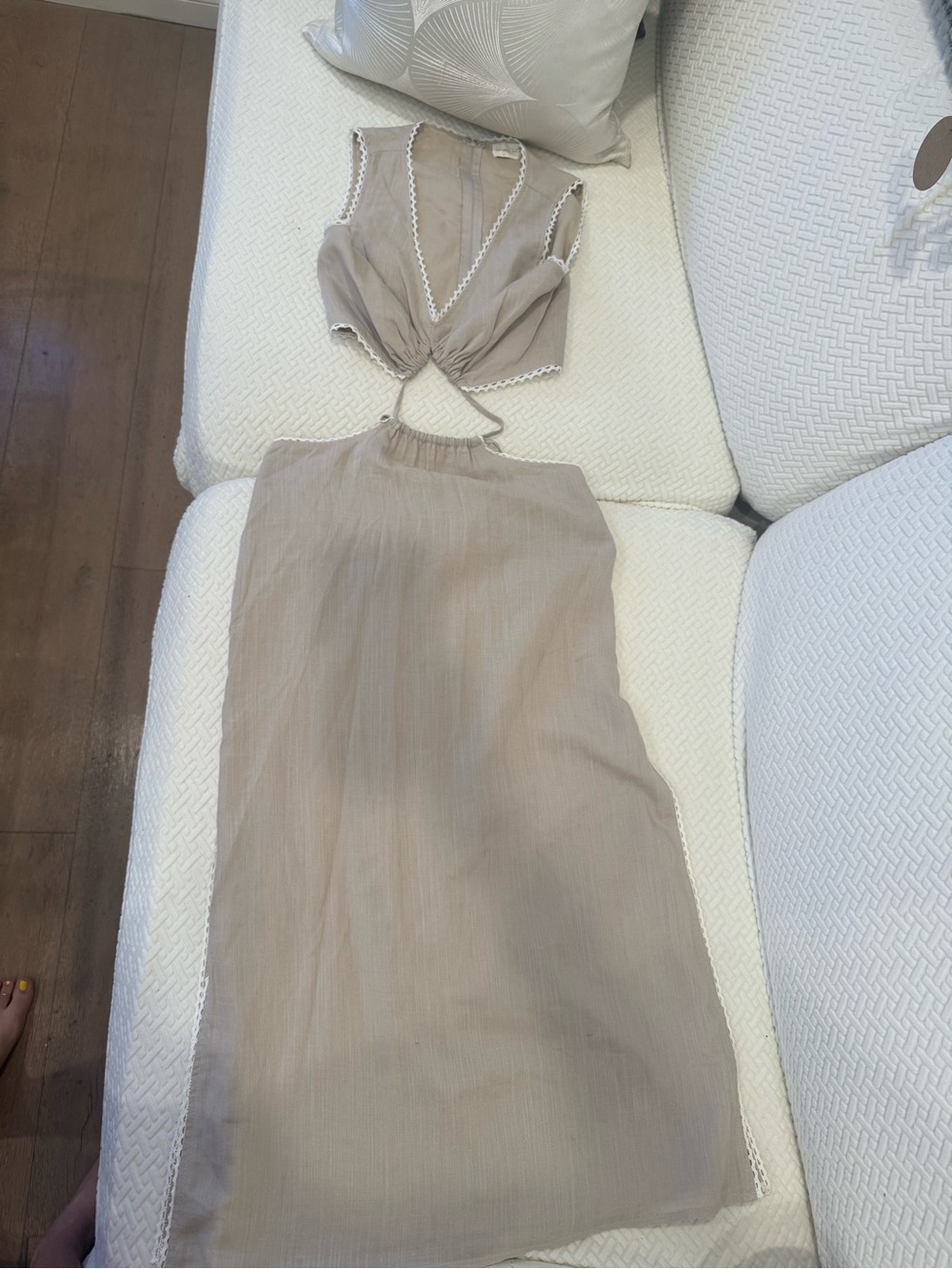Women's Beige Midi Dress with Tie-Front Detail